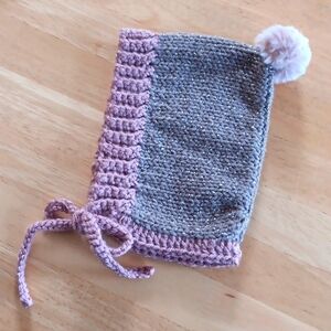 Handknit Taupe Brown & Dusty Pink 1960s Retro Style Pompom Pixie Baby Hat 6-12M